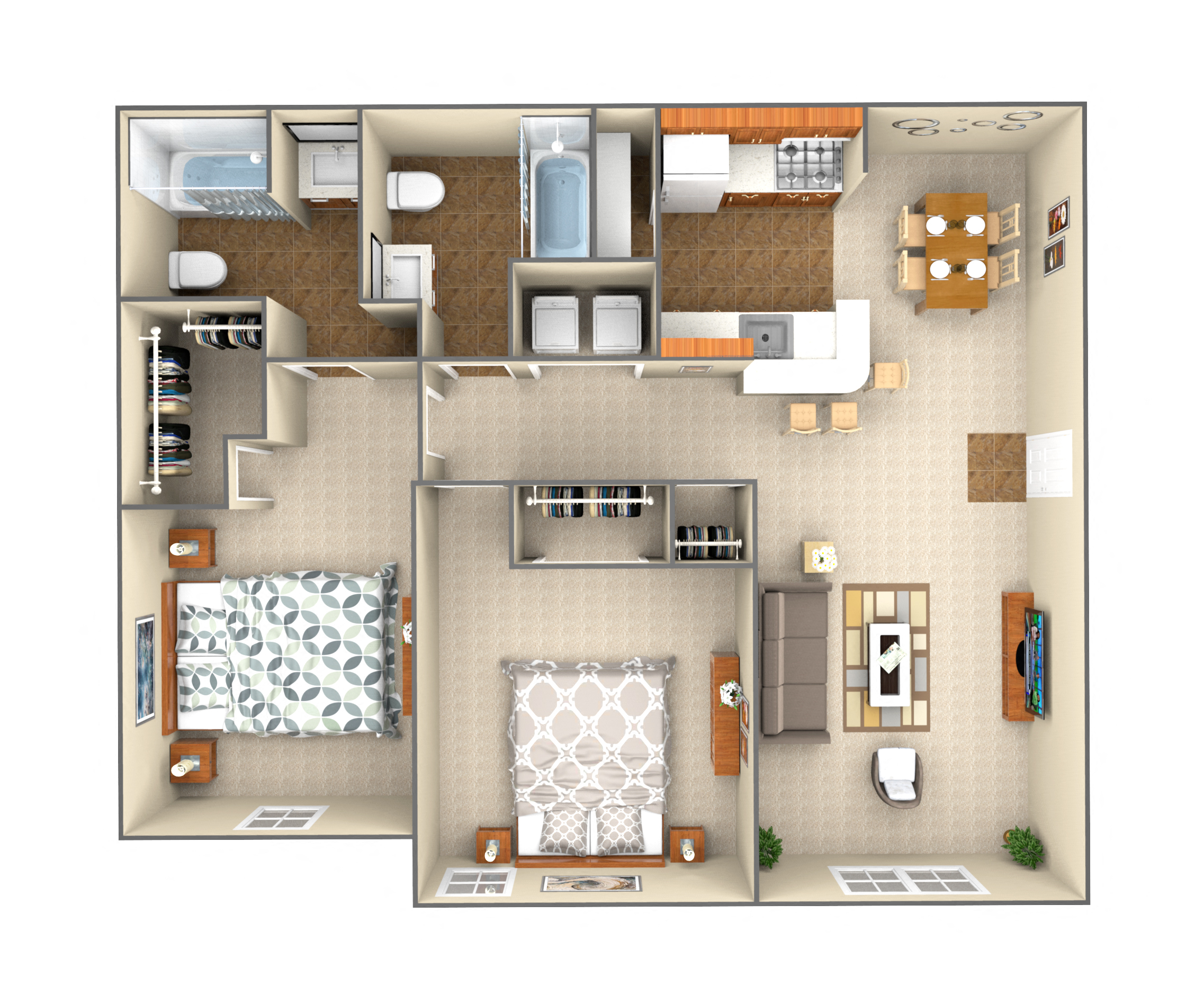 Floor plan for 2 beds, 1 bath, 917 sqft